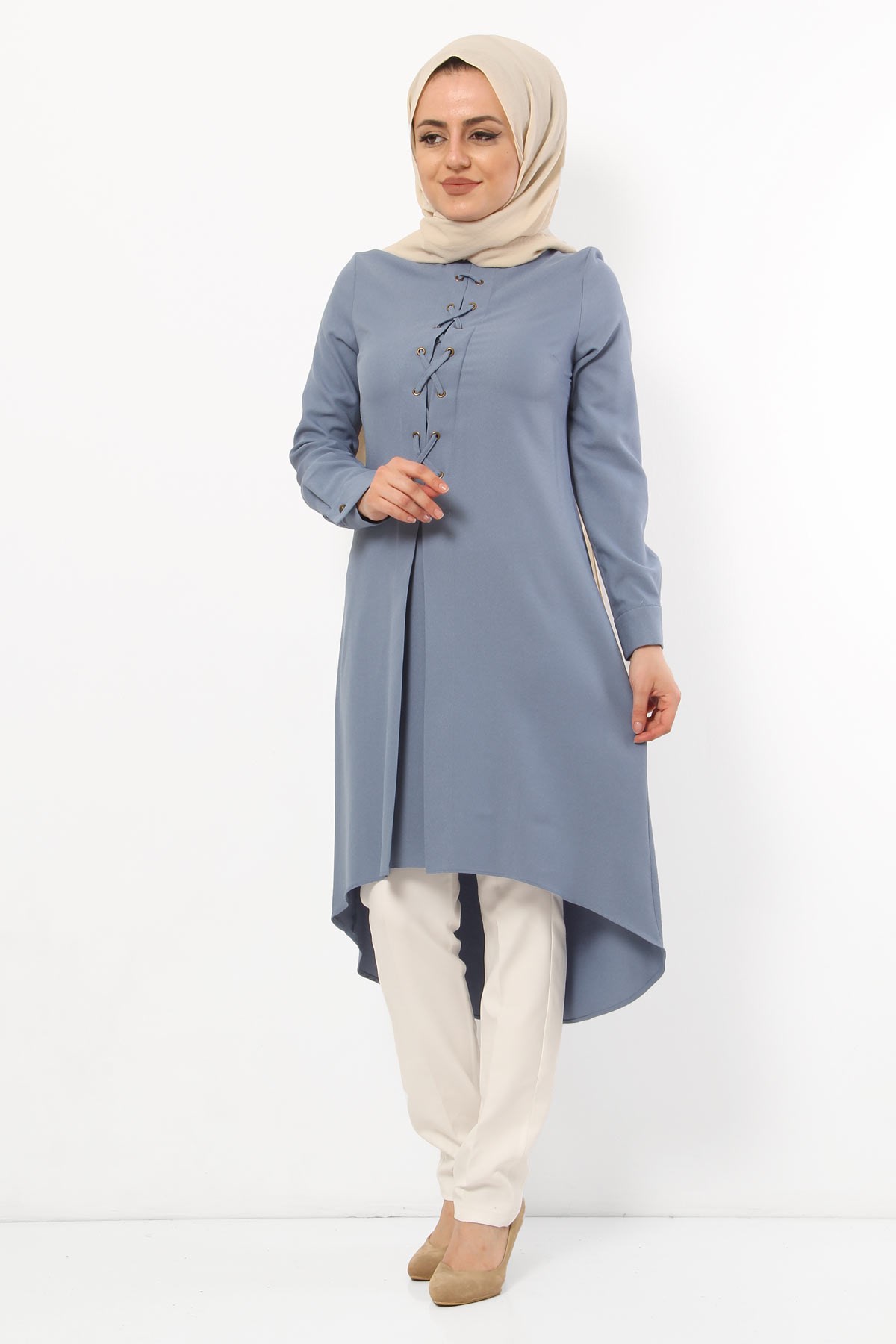 Çapraz Bağcıklı Tesettür Tunik Mavi Mavi 9291-4