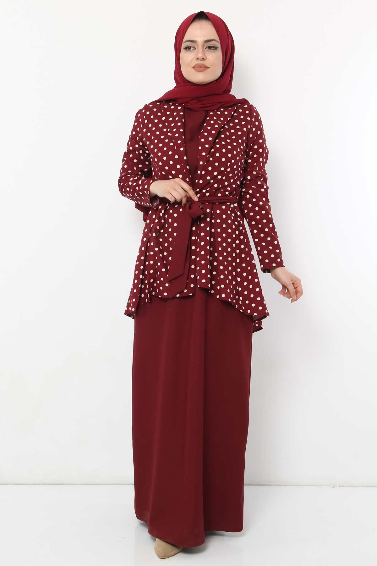 Ceketli Desenli Tesettür Kombin Bordo Bordo 10072-6