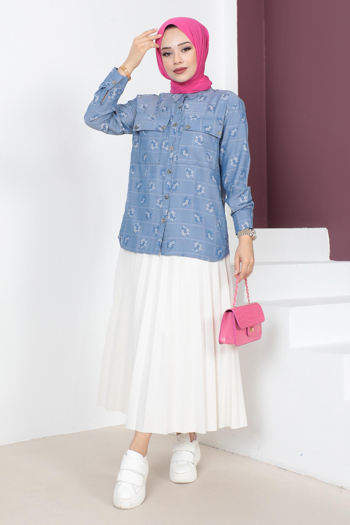 Cep Detaylı Oversize Gömlek Mavi 6073