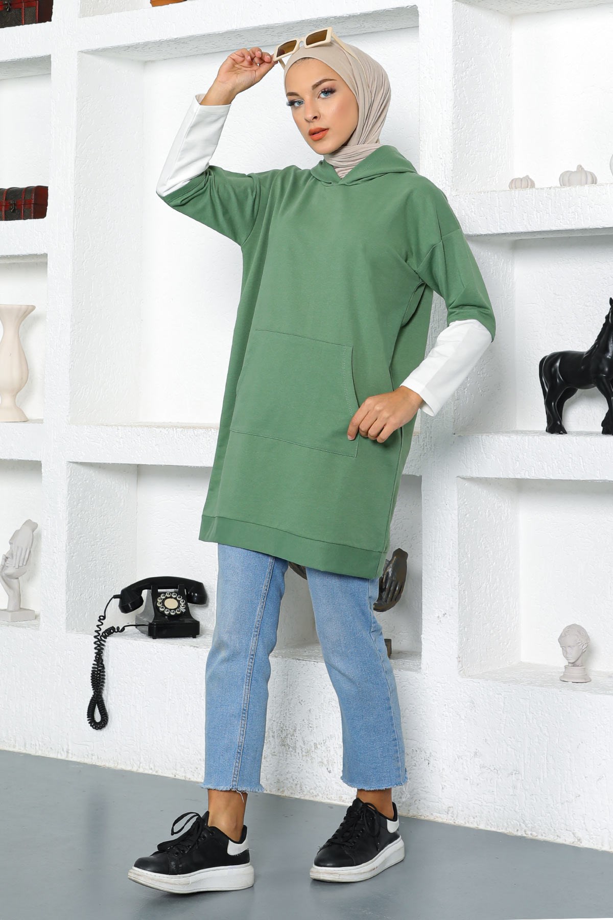 Cepli Kapşonlu Sweatshirt Haki 6050