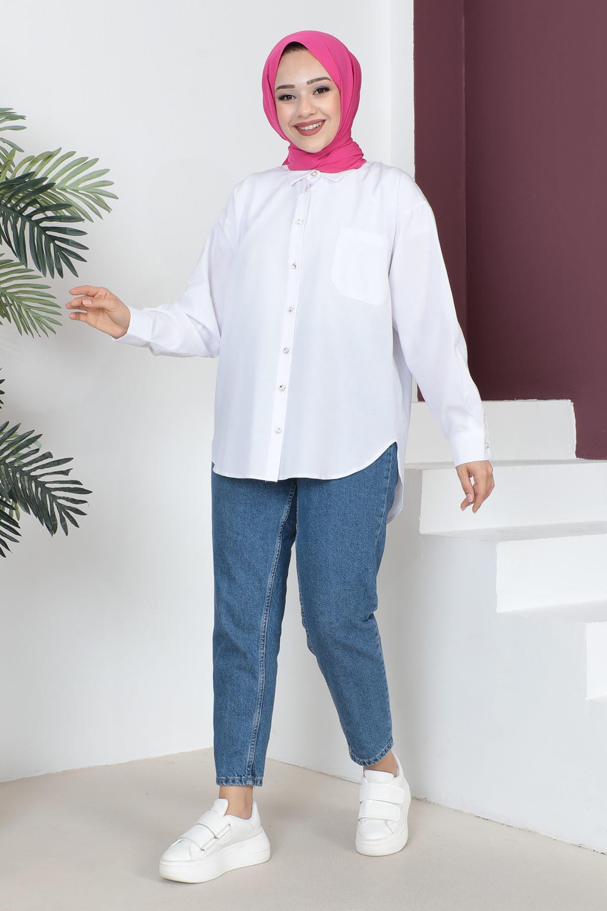Cepli Oversize Gömlek Beyaz 6067