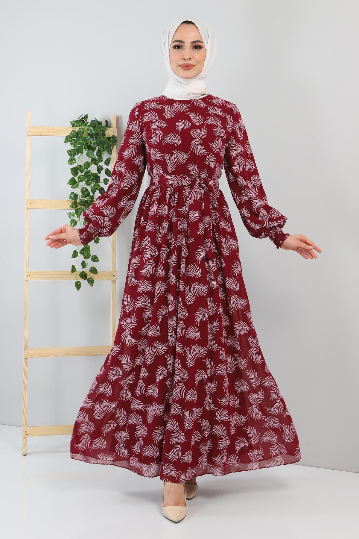 Çiçek Desenli Elbise Bordo 12001