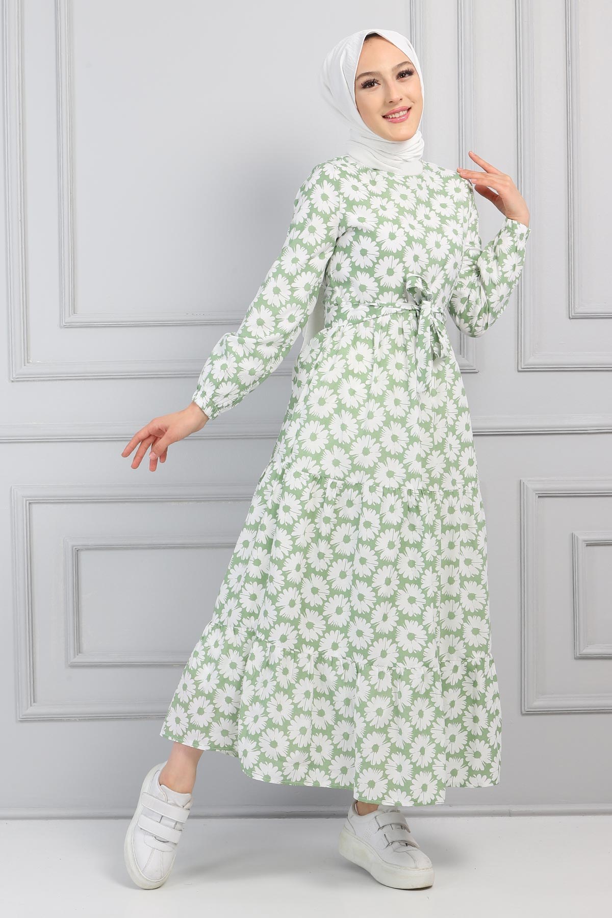 Çiçek Desenli Kemerli Elbise Mint 13600