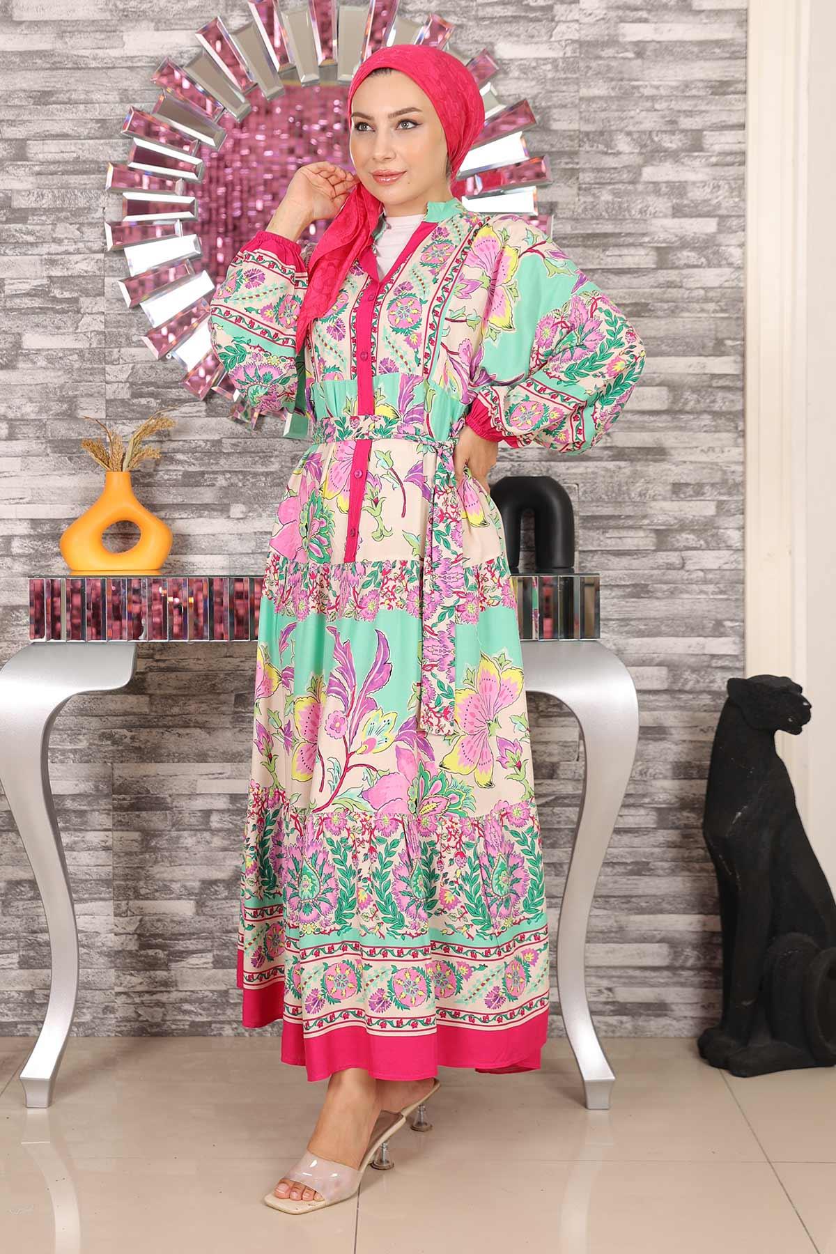 Çiçek Desenli Yarım Düğmeli Elbise Pembe 19145