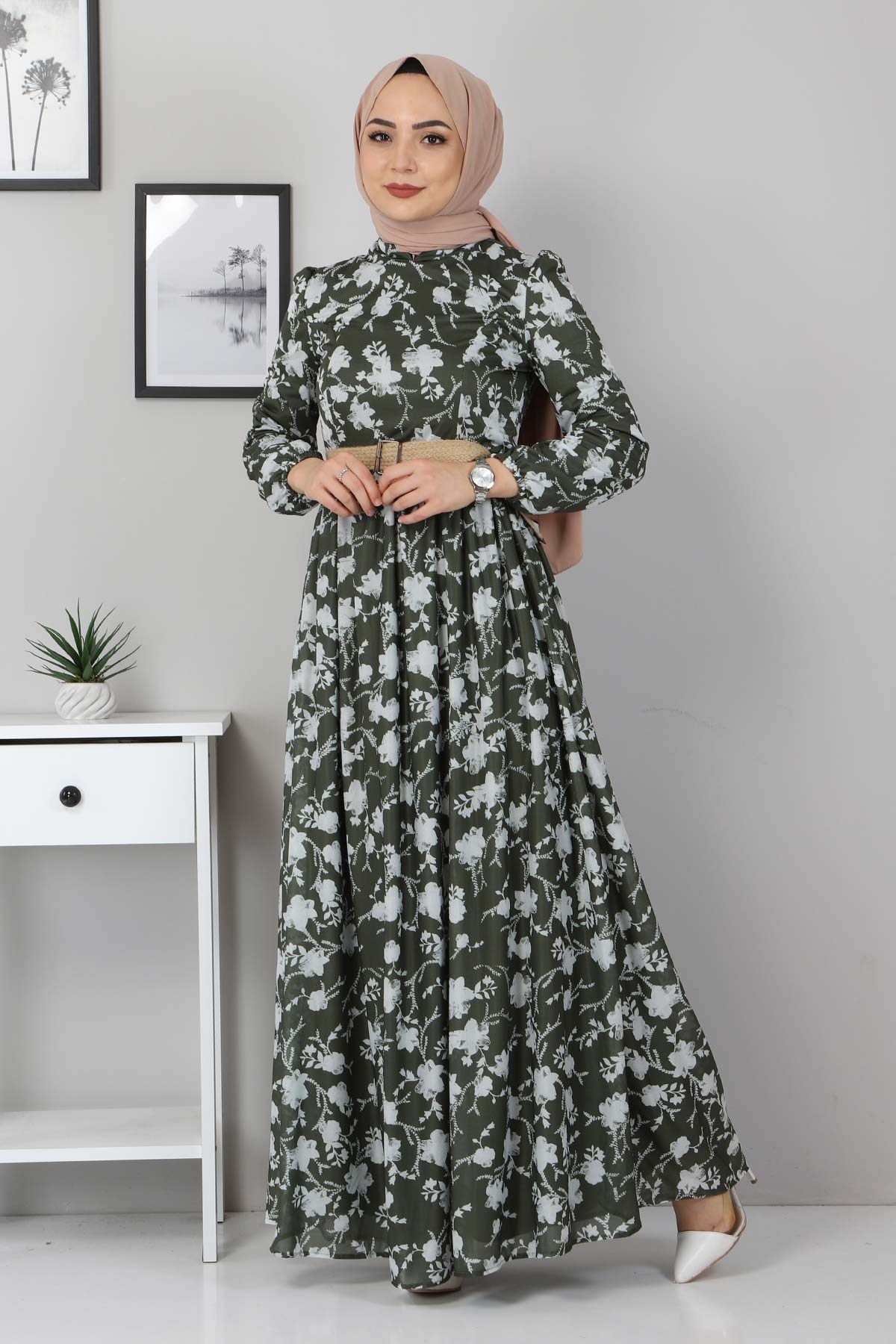 Çiçekli Anne Elbise Haki 10024