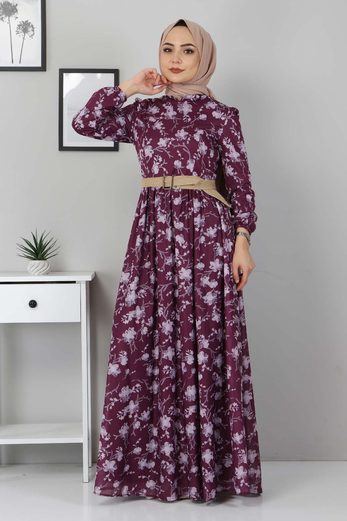 Çiçekli Anne Elbise Mürdüm 10024