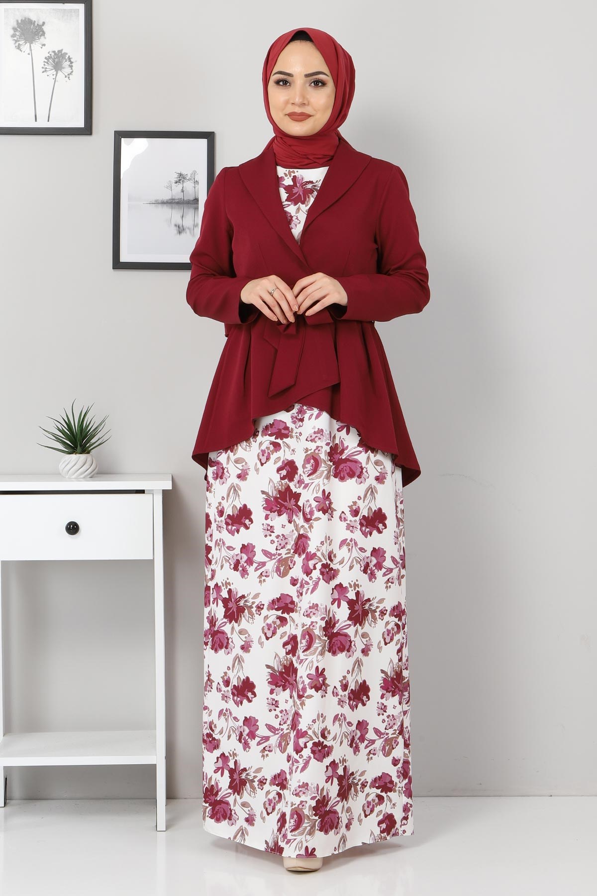 Çiçekli Ceketli Kombin Bordo 10075