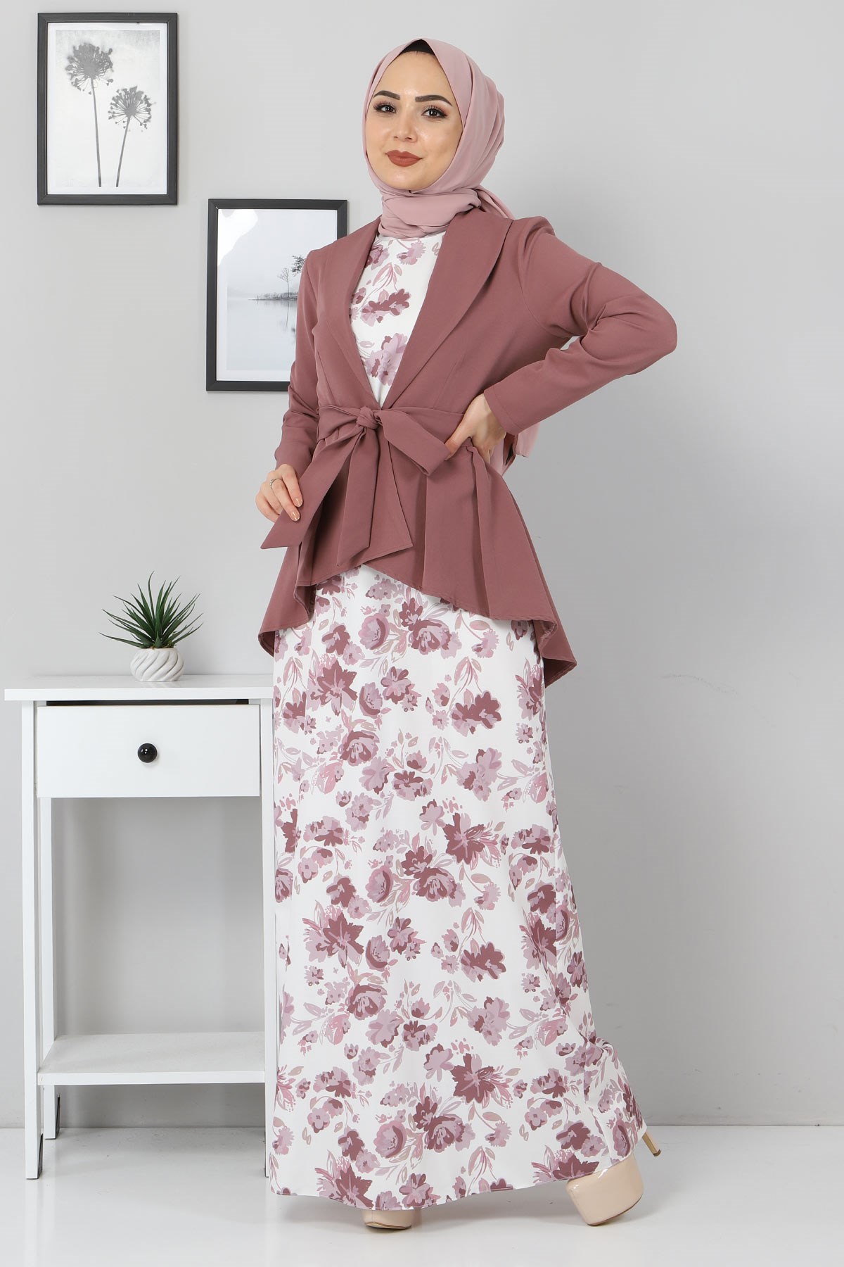 Çiçekli Ceketli Kombin Gül Kurusu 10075
