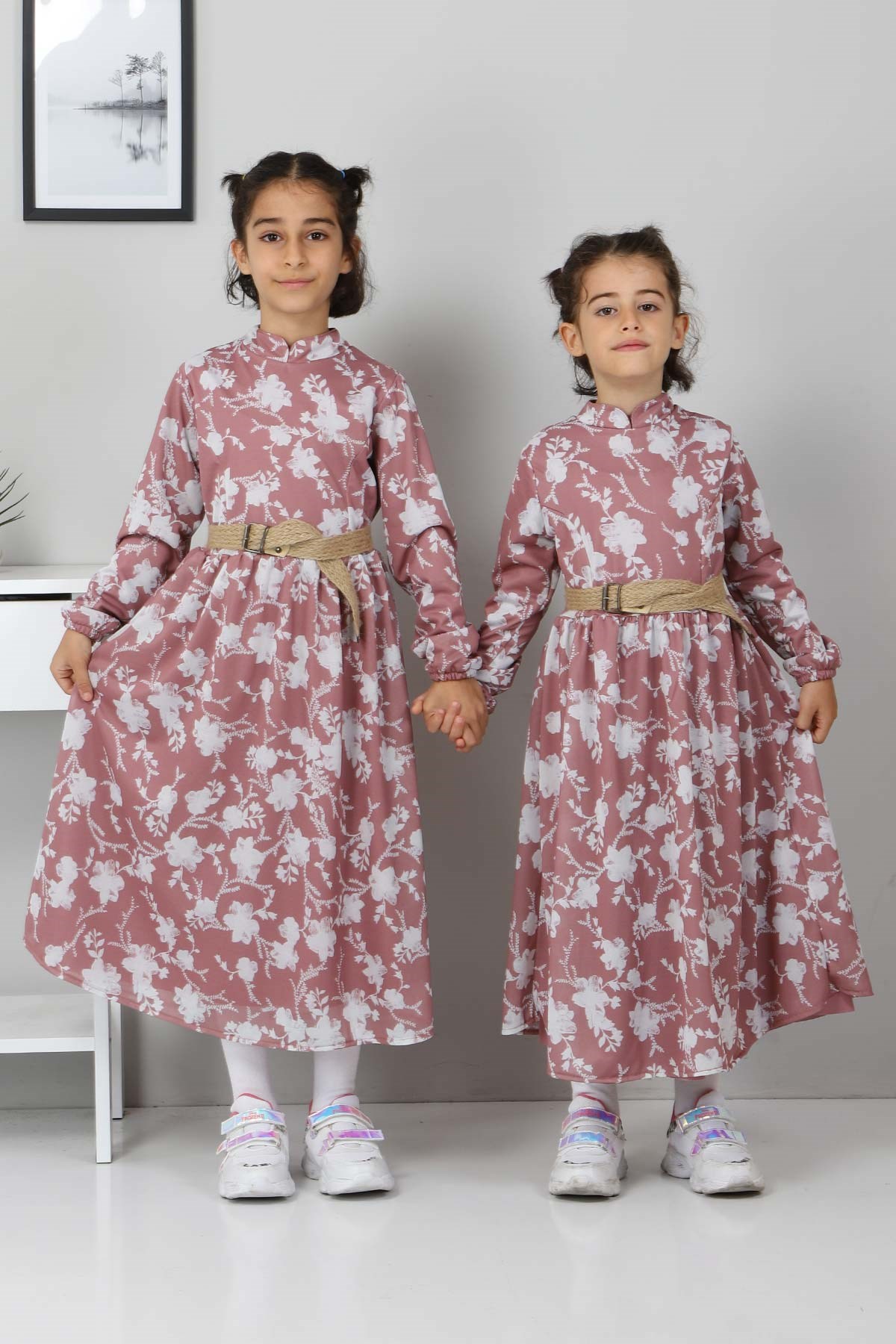 Çiçekli Çocuk Elbise Gül Kurusu 10025