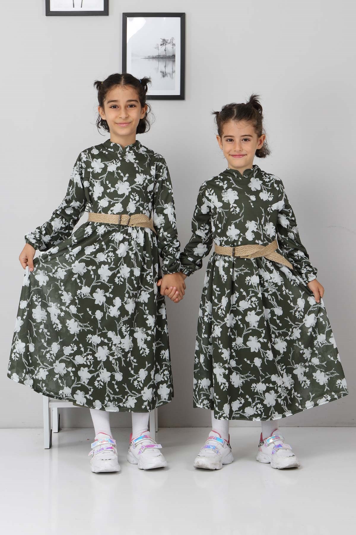 Çiçekli Çocuk Elbise Haki 10025