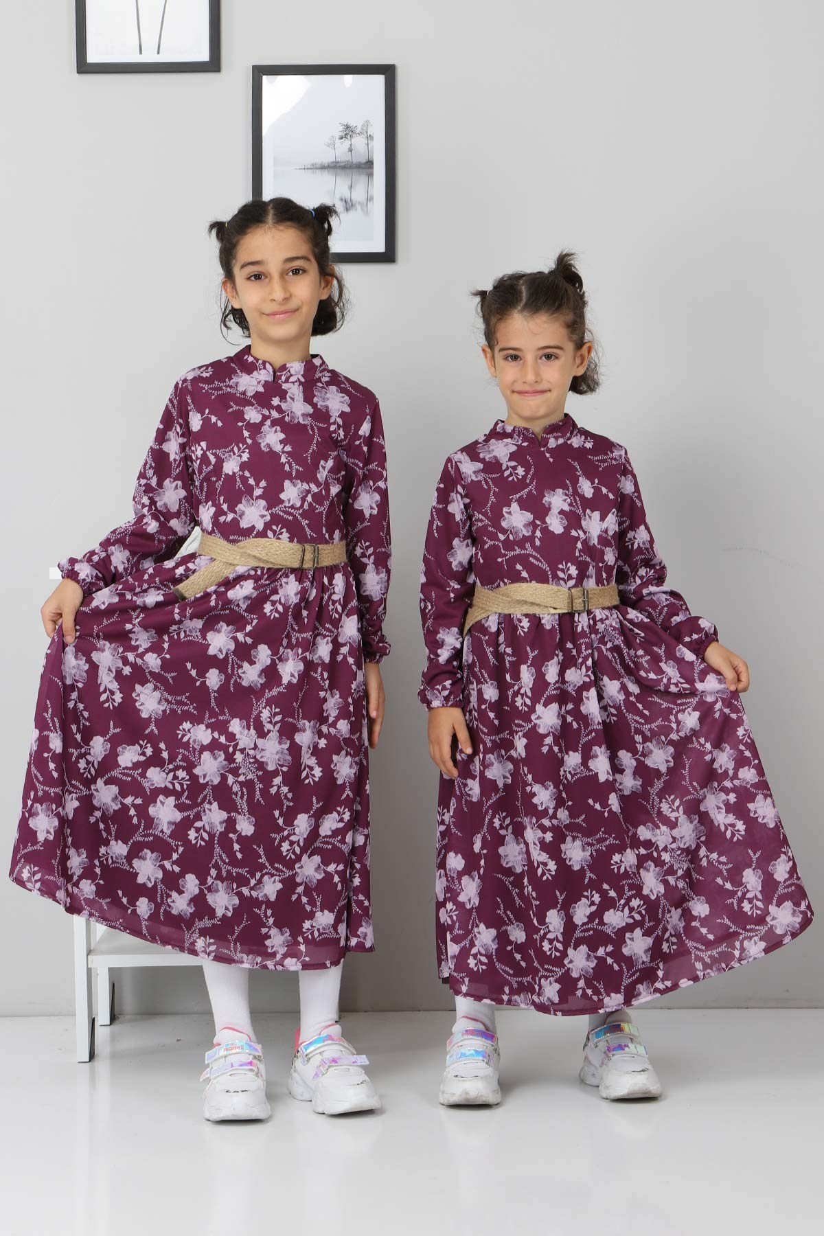 Çiçekli Çocuk Elbise Mürdüm 10025