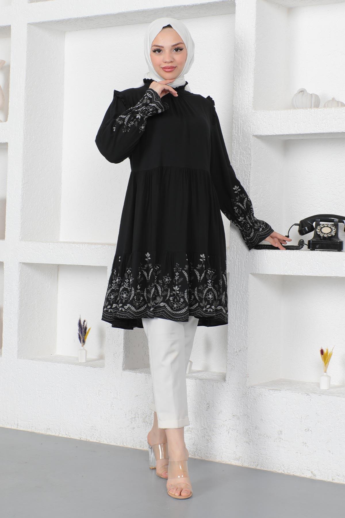 Çiçekli Desenli Tunik Siyah 6061