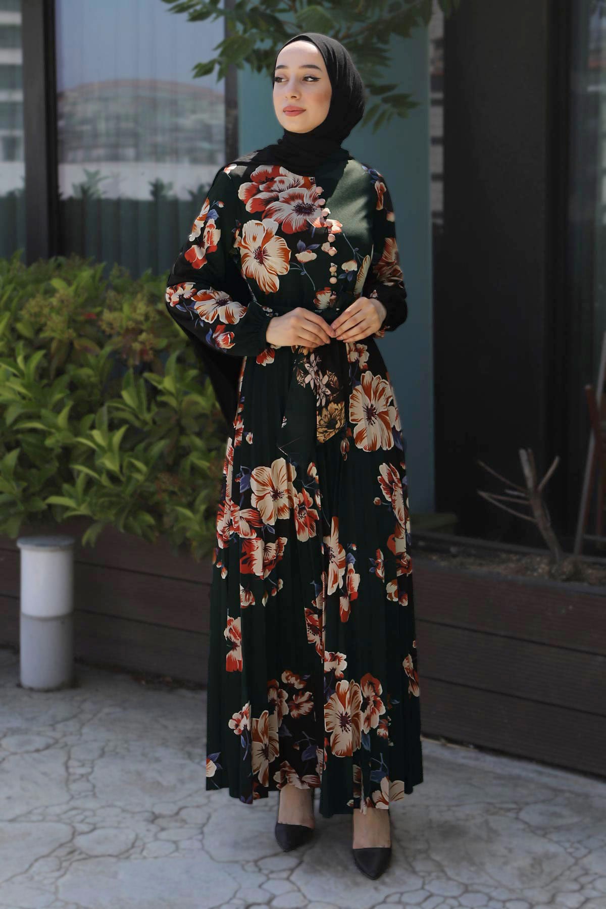 Çiçekli Kemerli Elbise Haki 8131