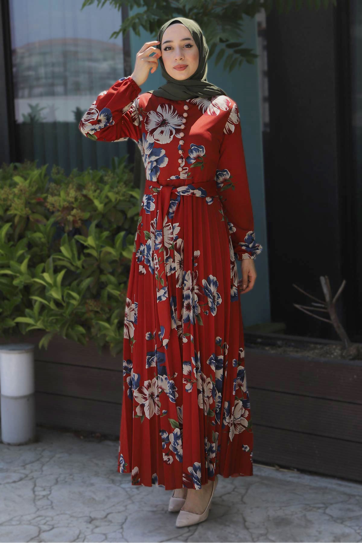Çiçekli Kemerli Elbise Kiremit 8131