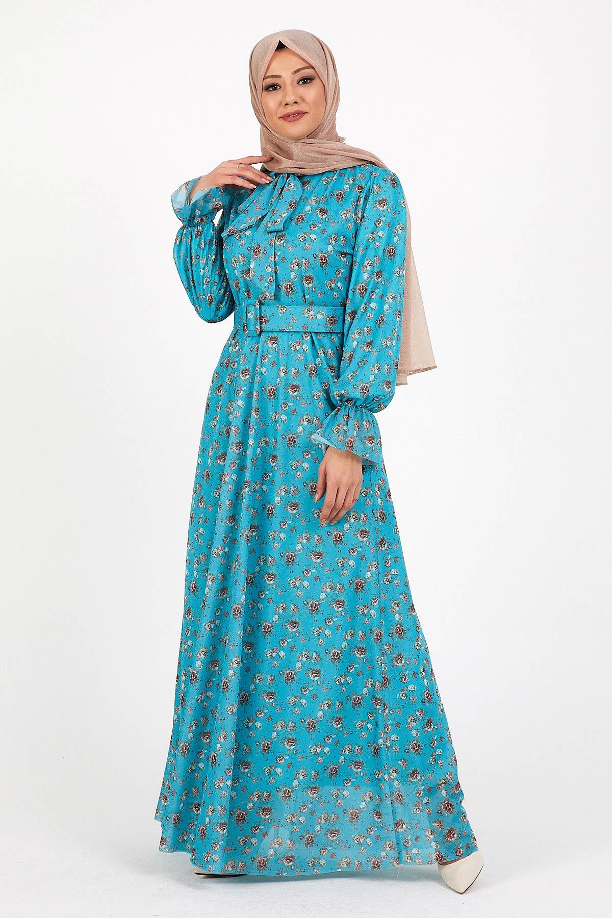 Çiçekli Kemerli Şifon Elbise Mint 12231