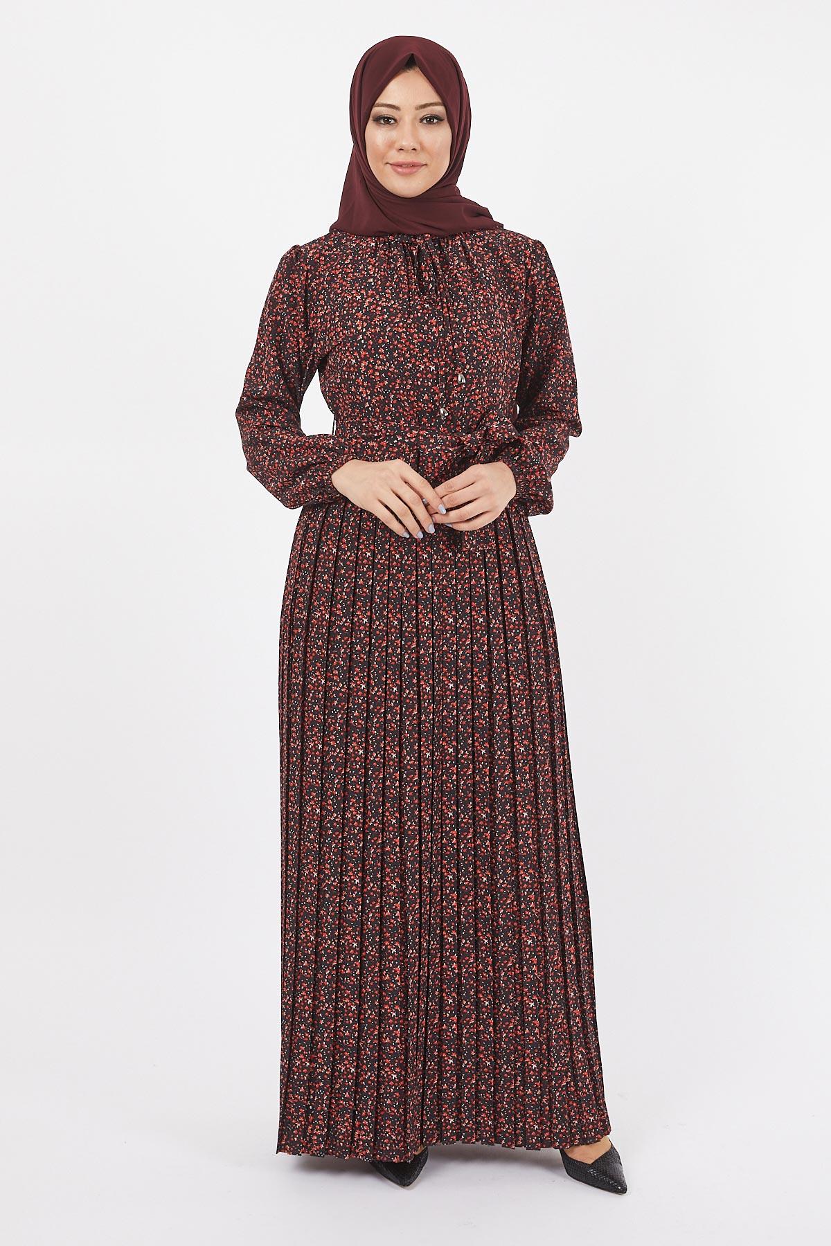 Çiçekli Pileli Elbise Bordo 12220