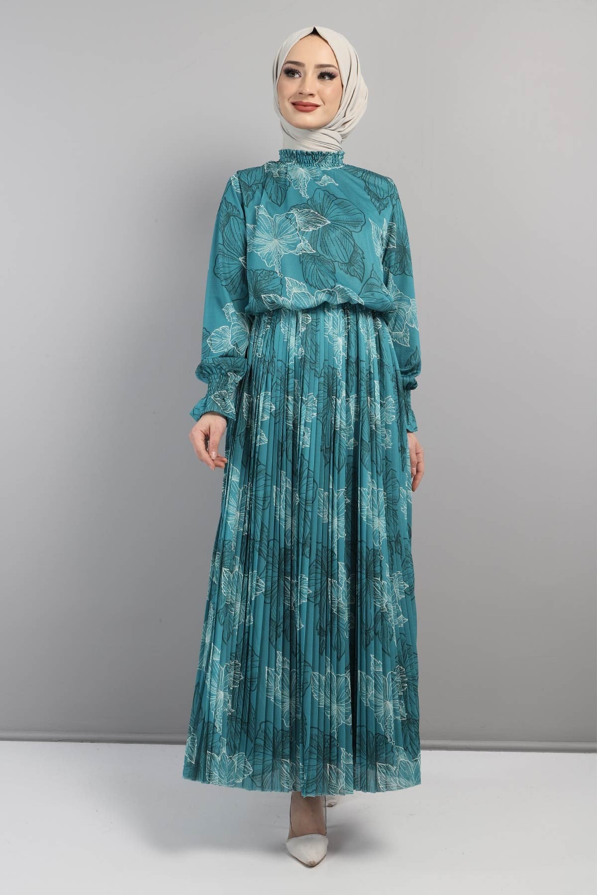 Çiçekli Pileli Elbise Mint 14400