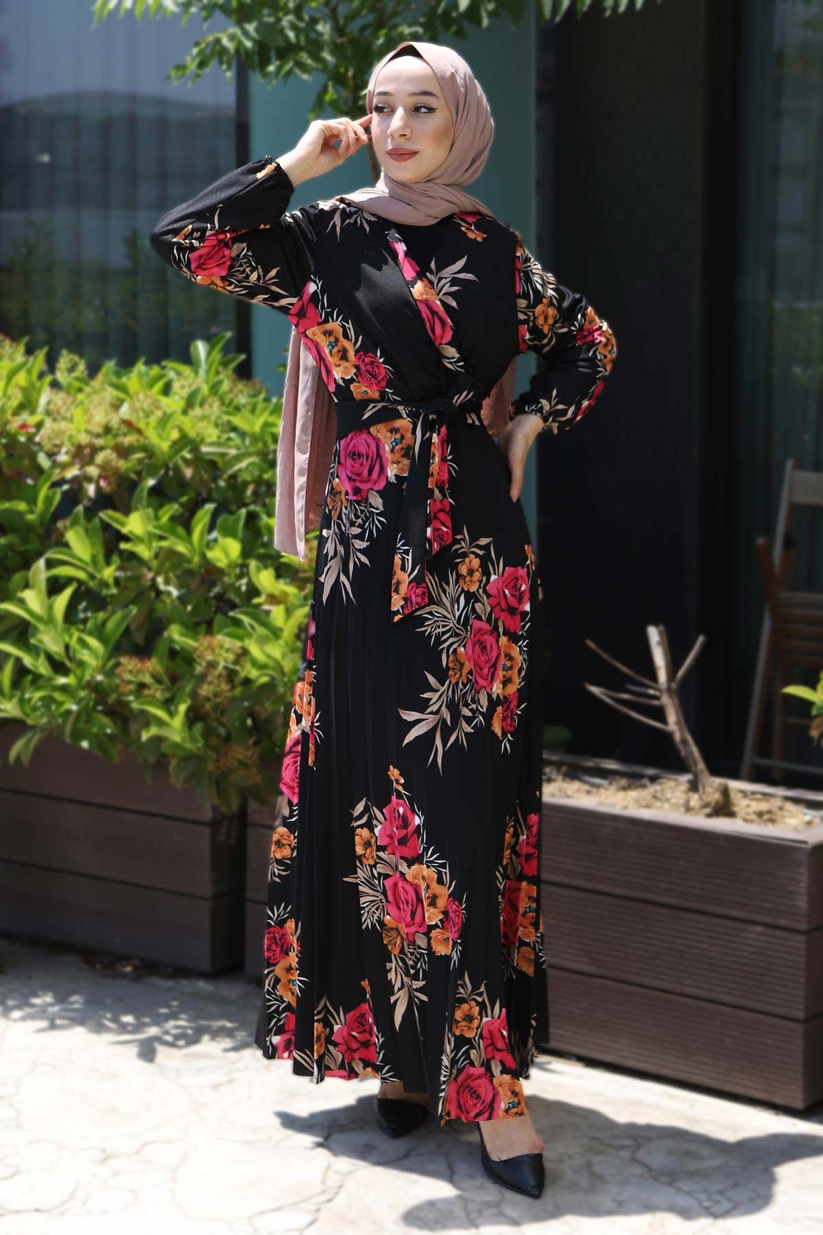 Çiçekli Pileli Elbise Pembe 14700