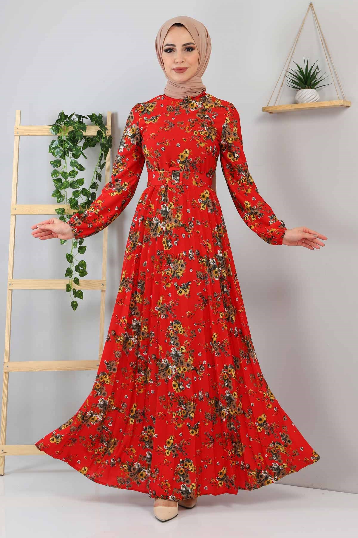 Çiçekli Piliseli Elbise Bordo 9754