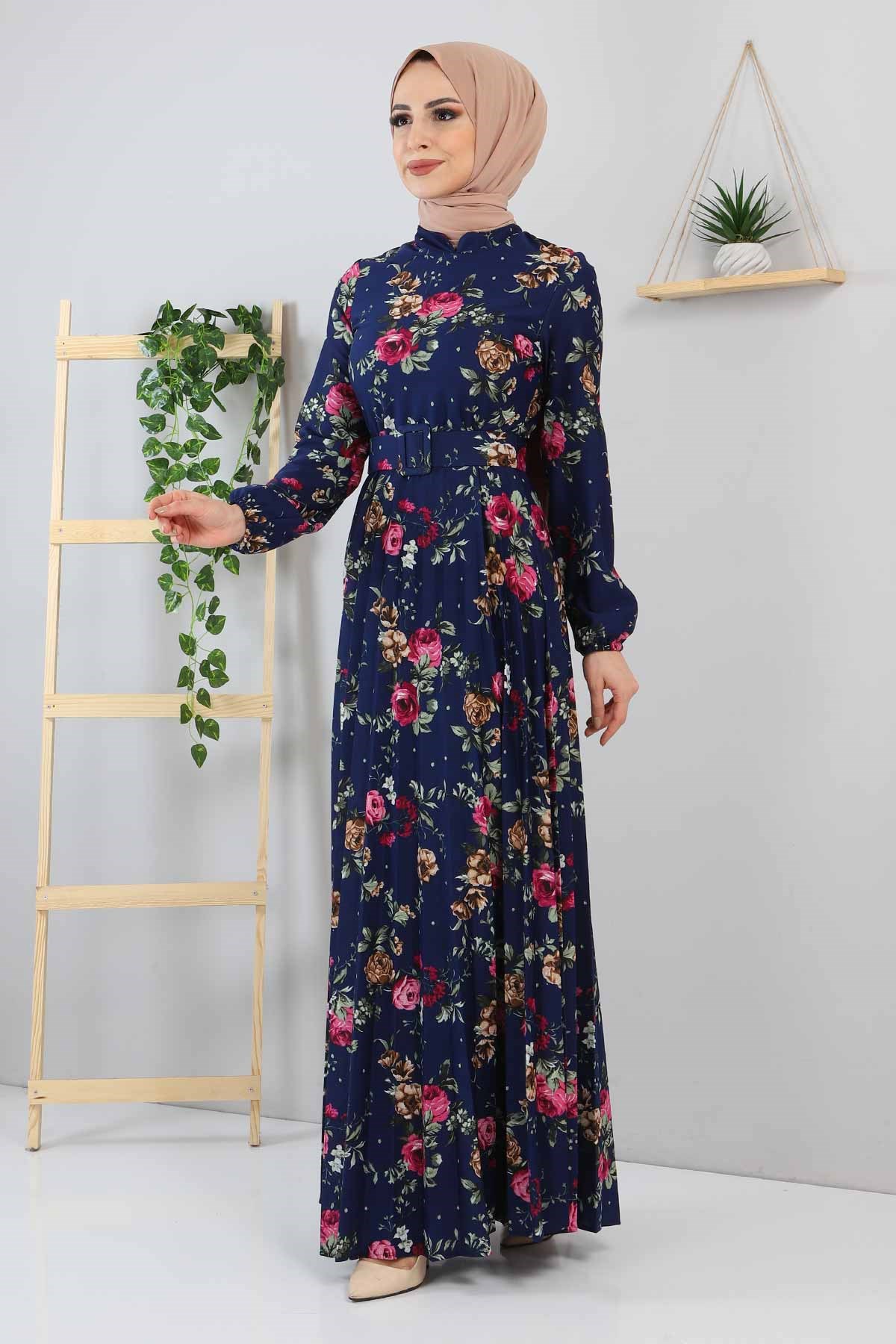 Çiçekli Piliseli Elbise İndigo 9754