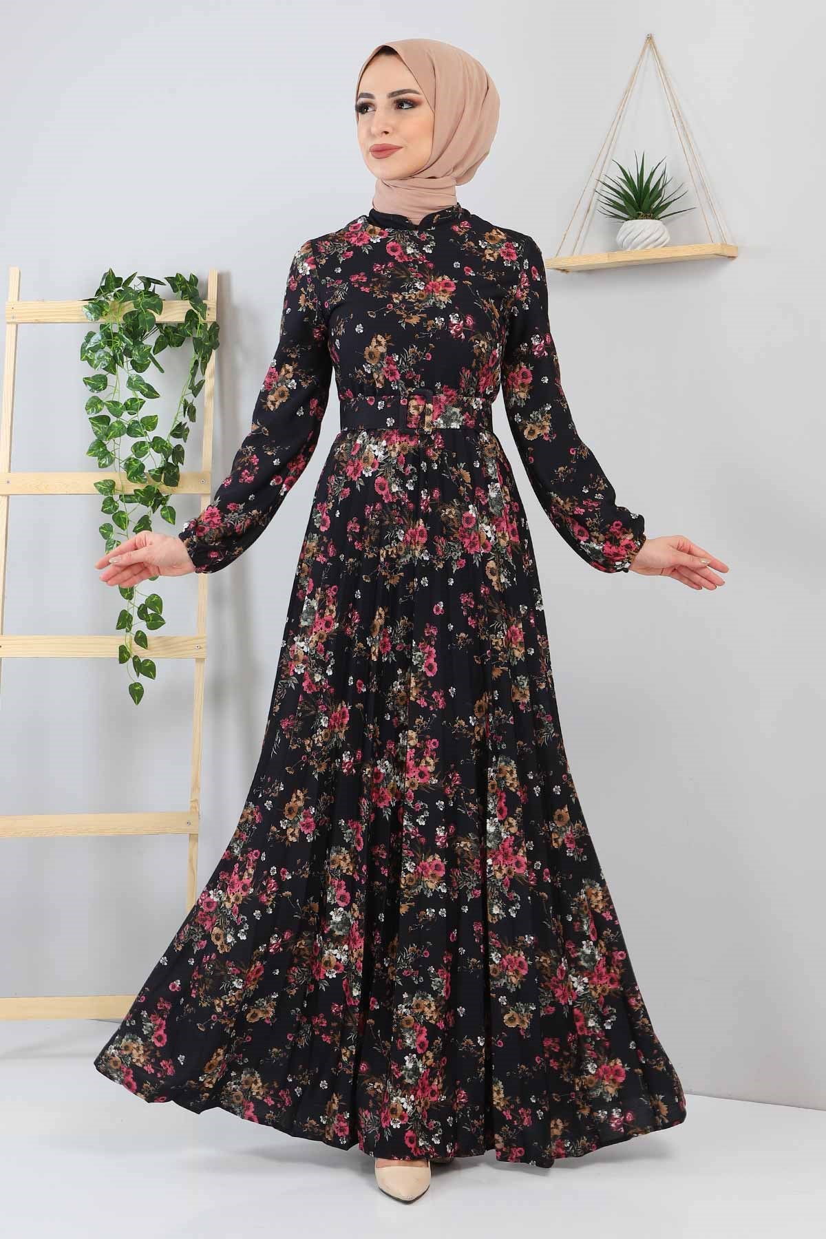 Çiçekli Piliseli Elbise Lacivert 9754