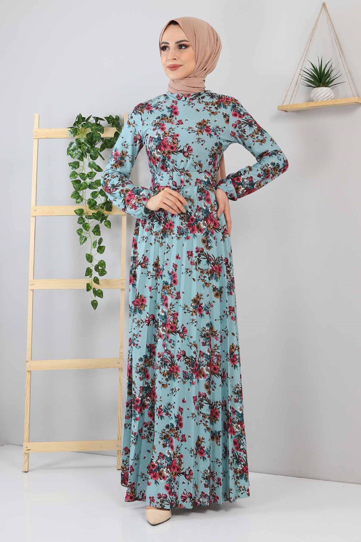 Çiçekli Piliseli Elbise Mint 9754