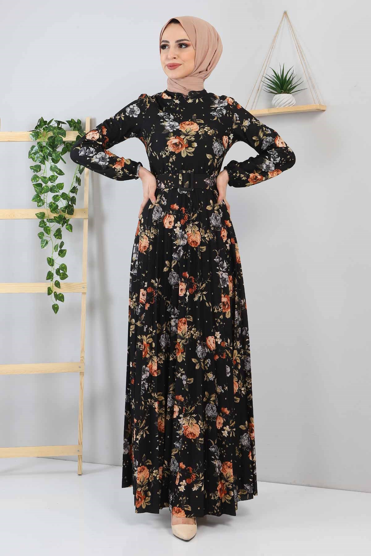 Çiçekli Piliseli Elbise Taba 9754
