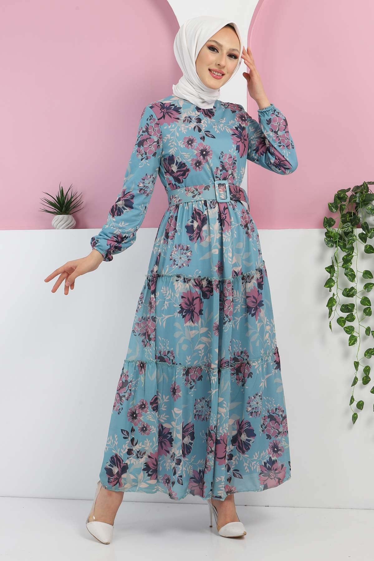 Çiçekli Şifon Elbise Mavi 12900 - Modamihram
