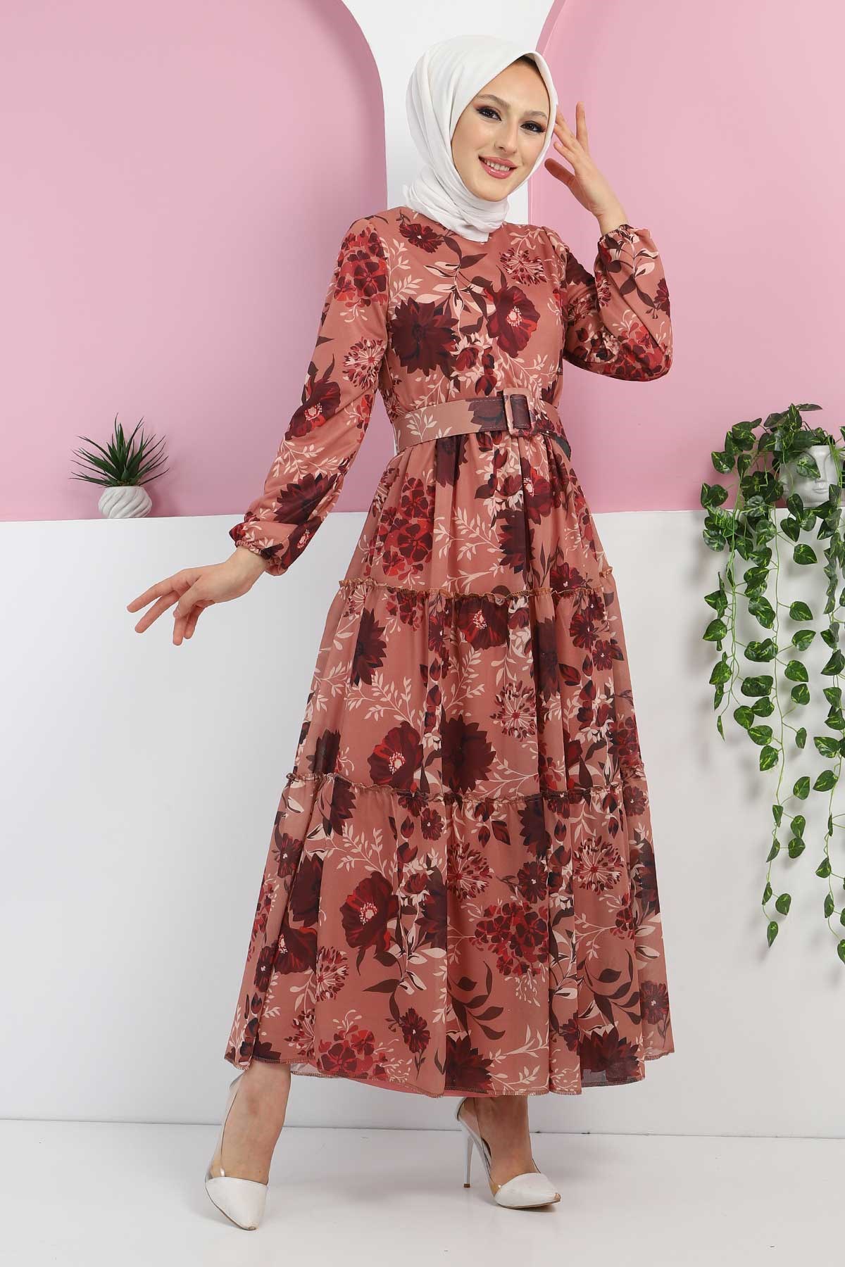 Çiçekli Şifon Elbise Vizon 12900