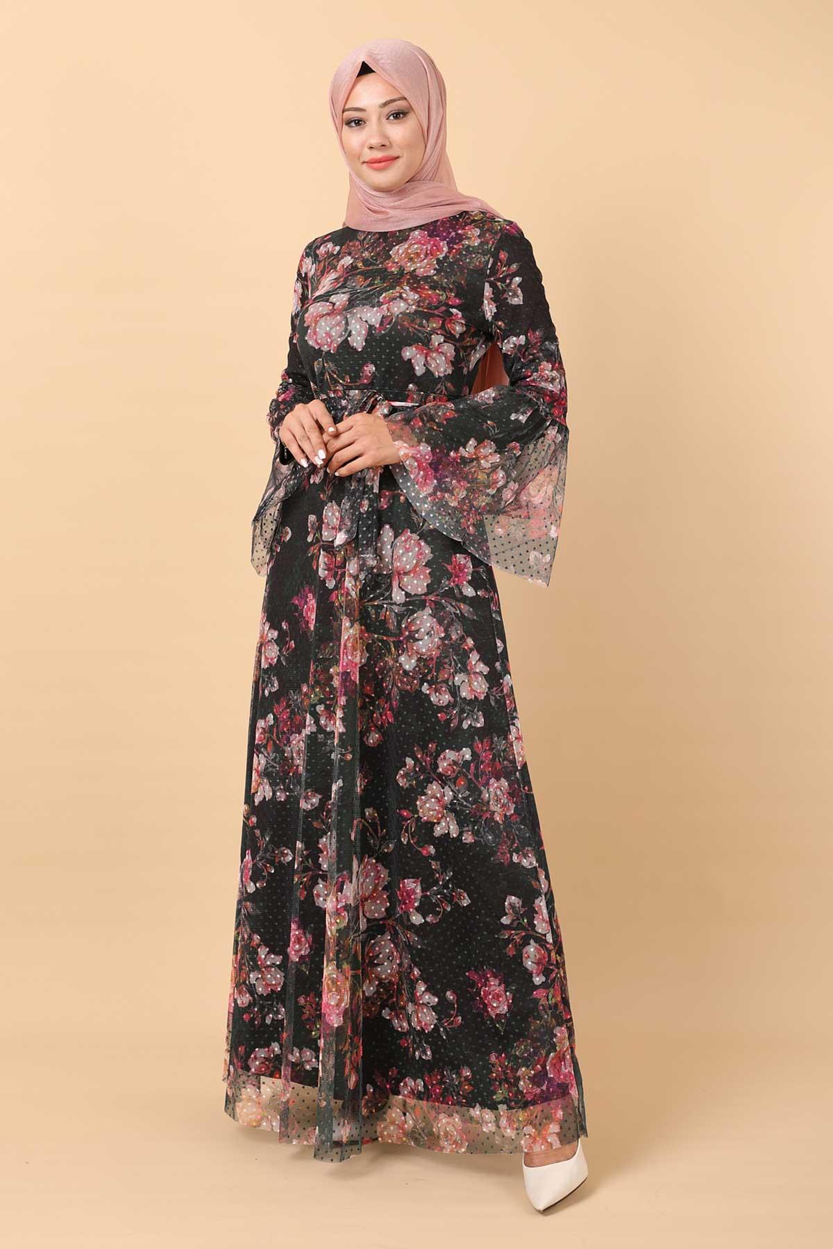 Çiçekli Tül Elbise Siyah 12222 - Modamihram