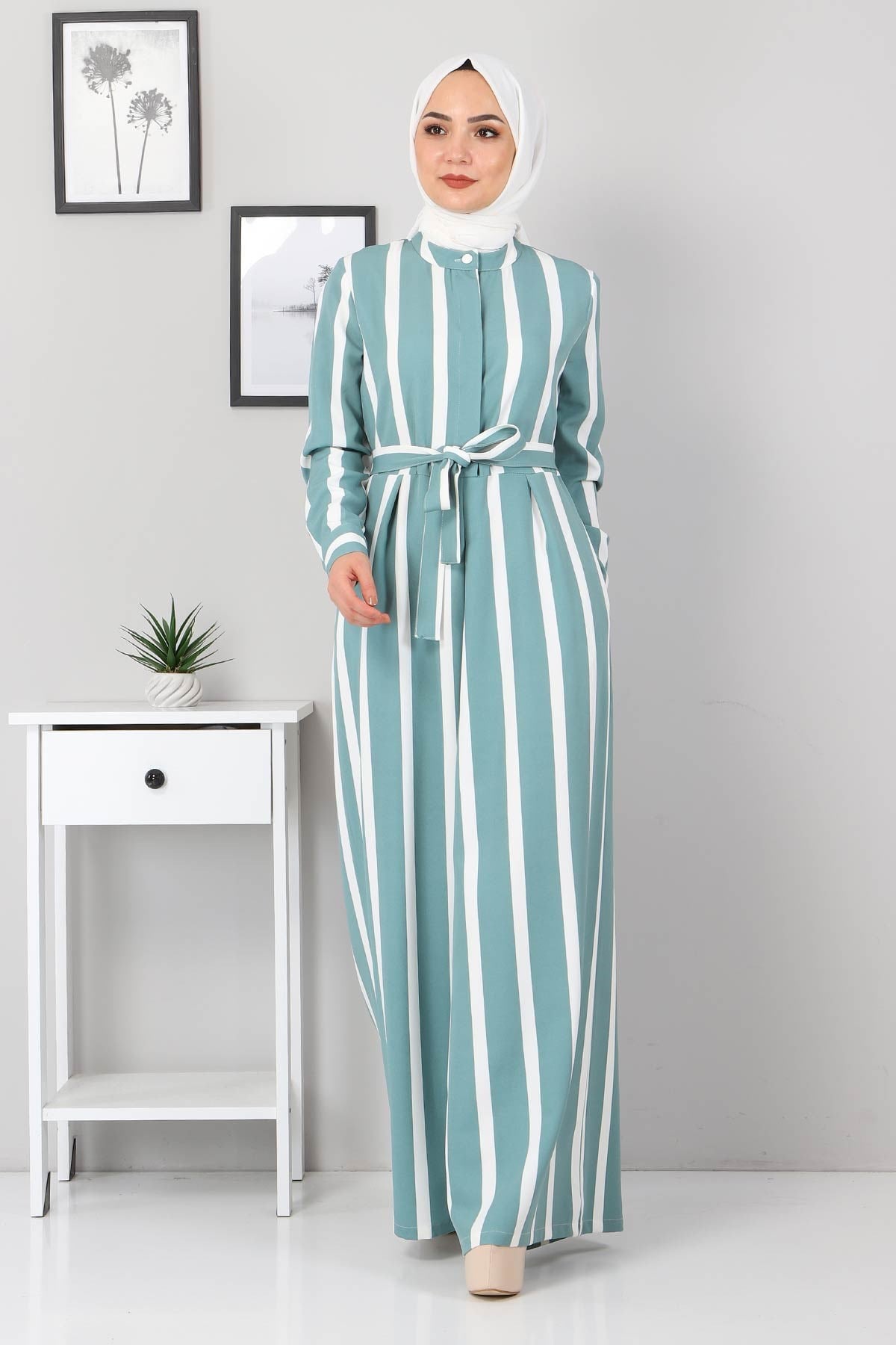 Çizgili Tesettür Tulum Mint 9810
