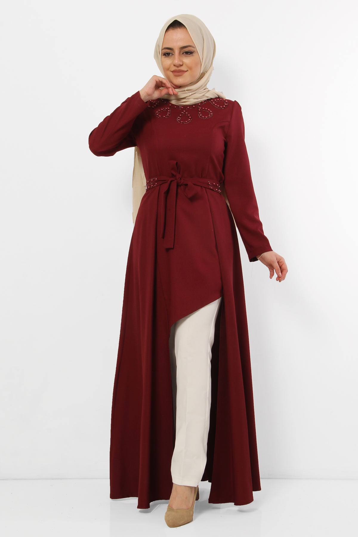Damla Deseni İncili Tesettür Tunik Bordo Bordo 8377-1