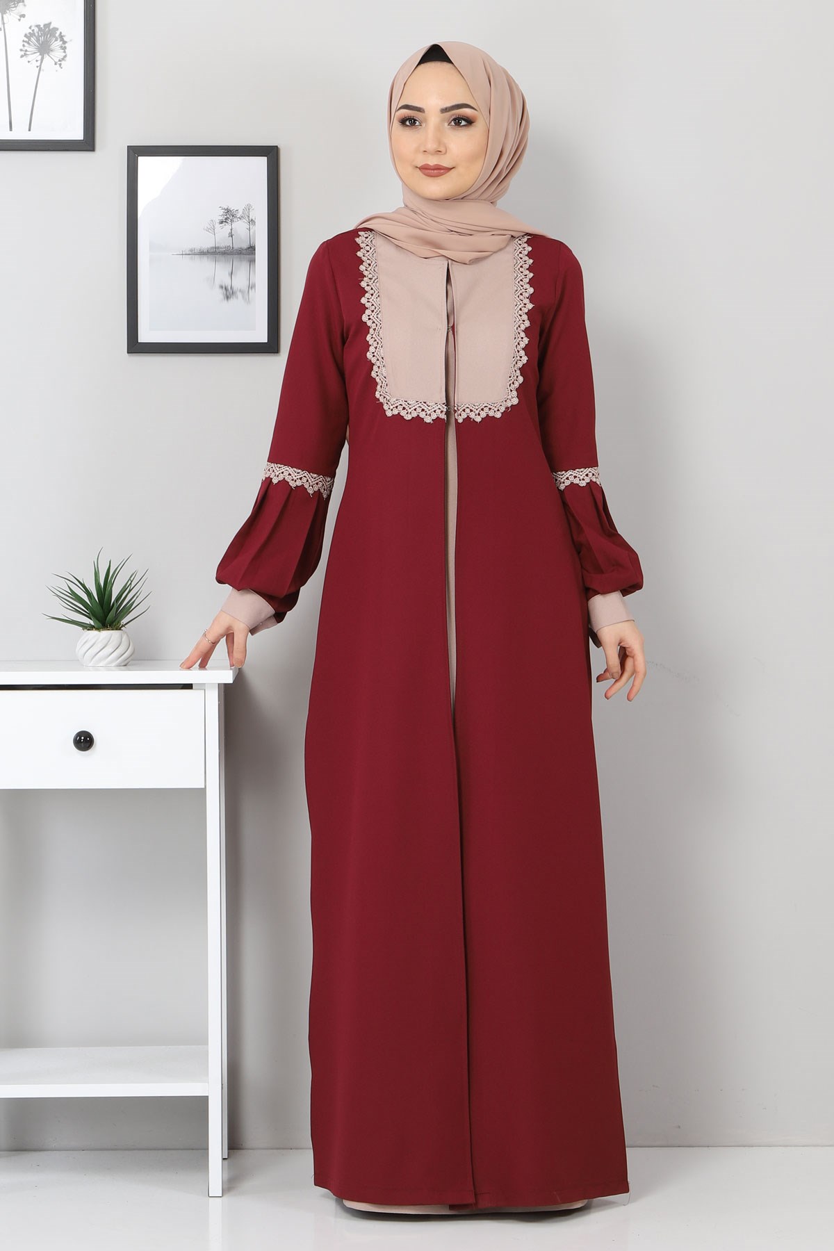 Dantel Detay Elbise Bordo 9946