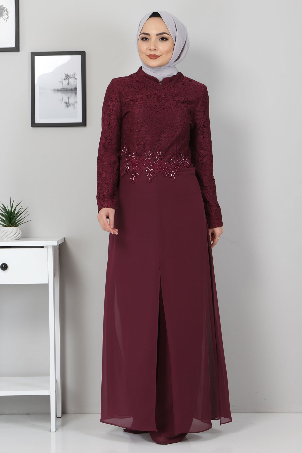 Dantel Detay İncili Tesettür Kombin Mürdüm Mürdüm 9939-4