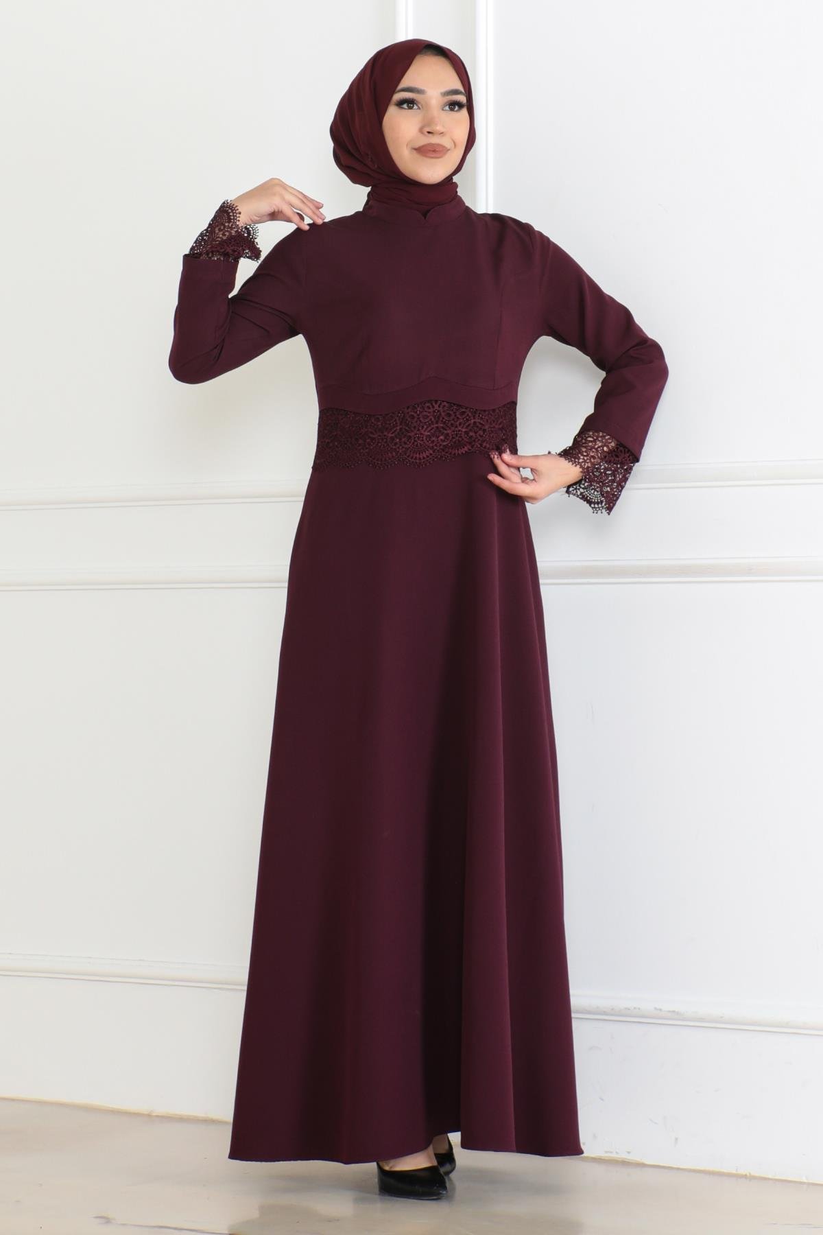 Dantel Detaylı Elbise Mürdüm 6117