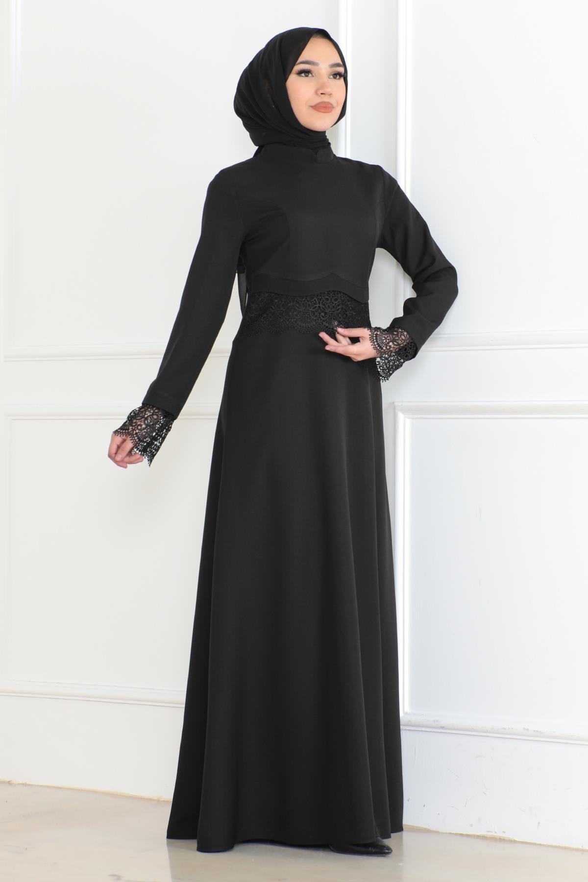 Dantel Detaylı Elbise Siyah 6117