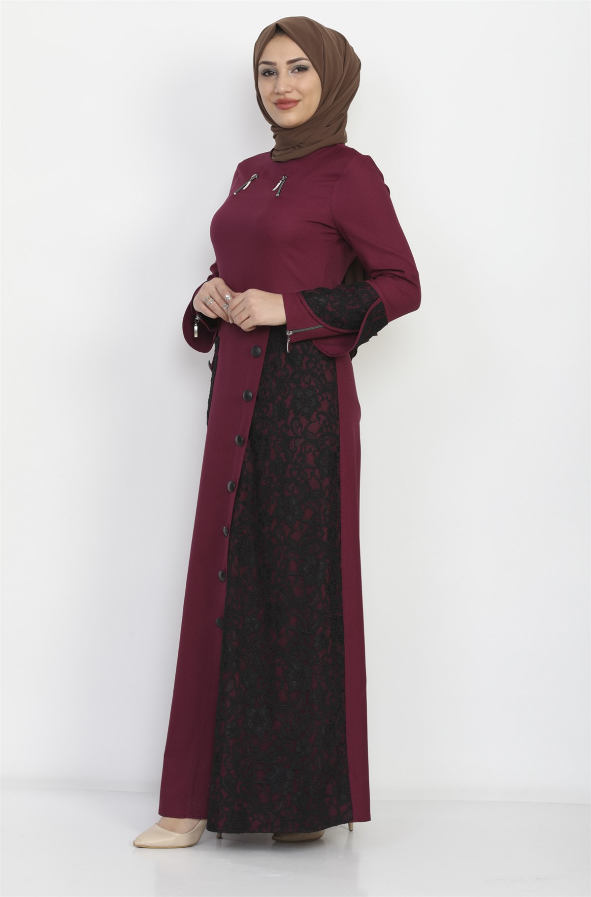 Dantel Detaylı Tesettür Elbise Mürdüm Mürdüm 9907-4