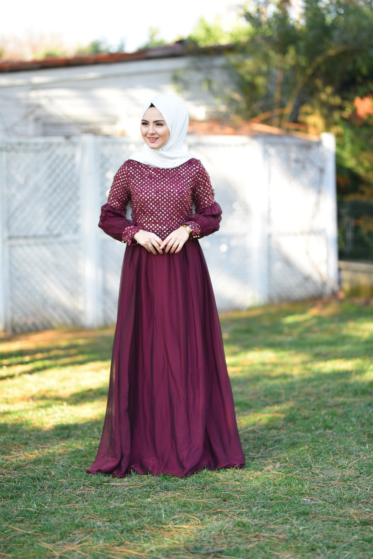 Danteli Simli Şifon Tesettür Elbise Bordo Bordo 8959-1