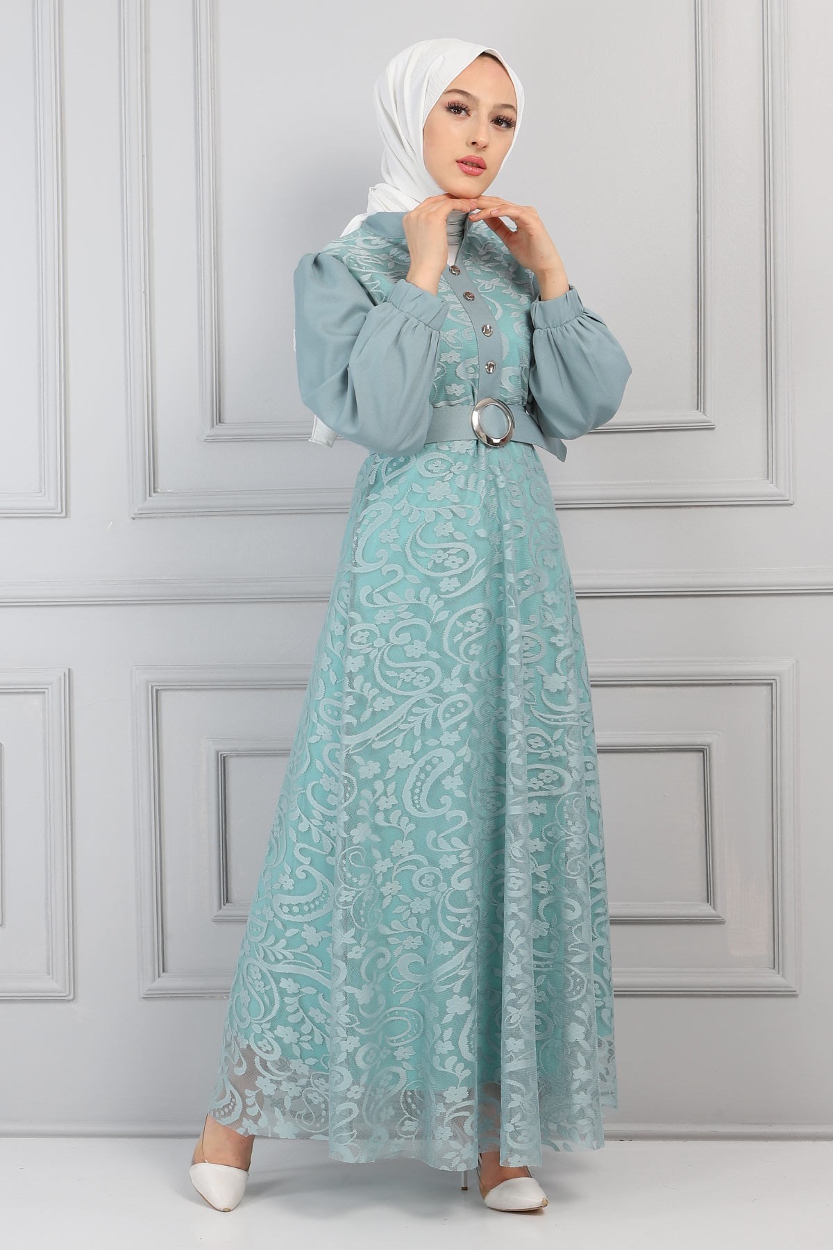Dantelli Düğmeli Abiye Mint 11601