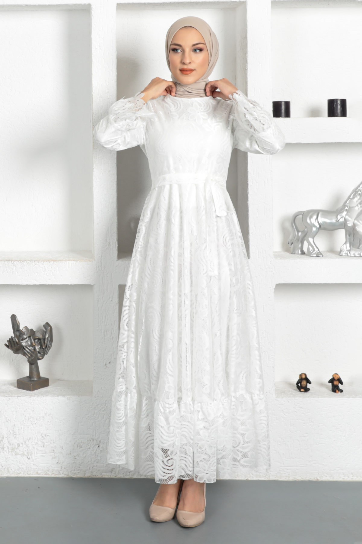 Dantelli Elbise Beyaz 17700 - Modamihram