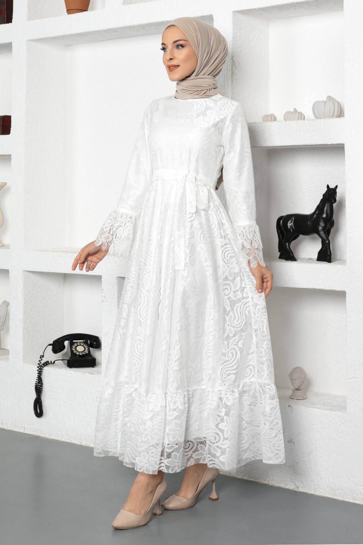 Dantelli Elbise Beyaz 17700 - Modamihram