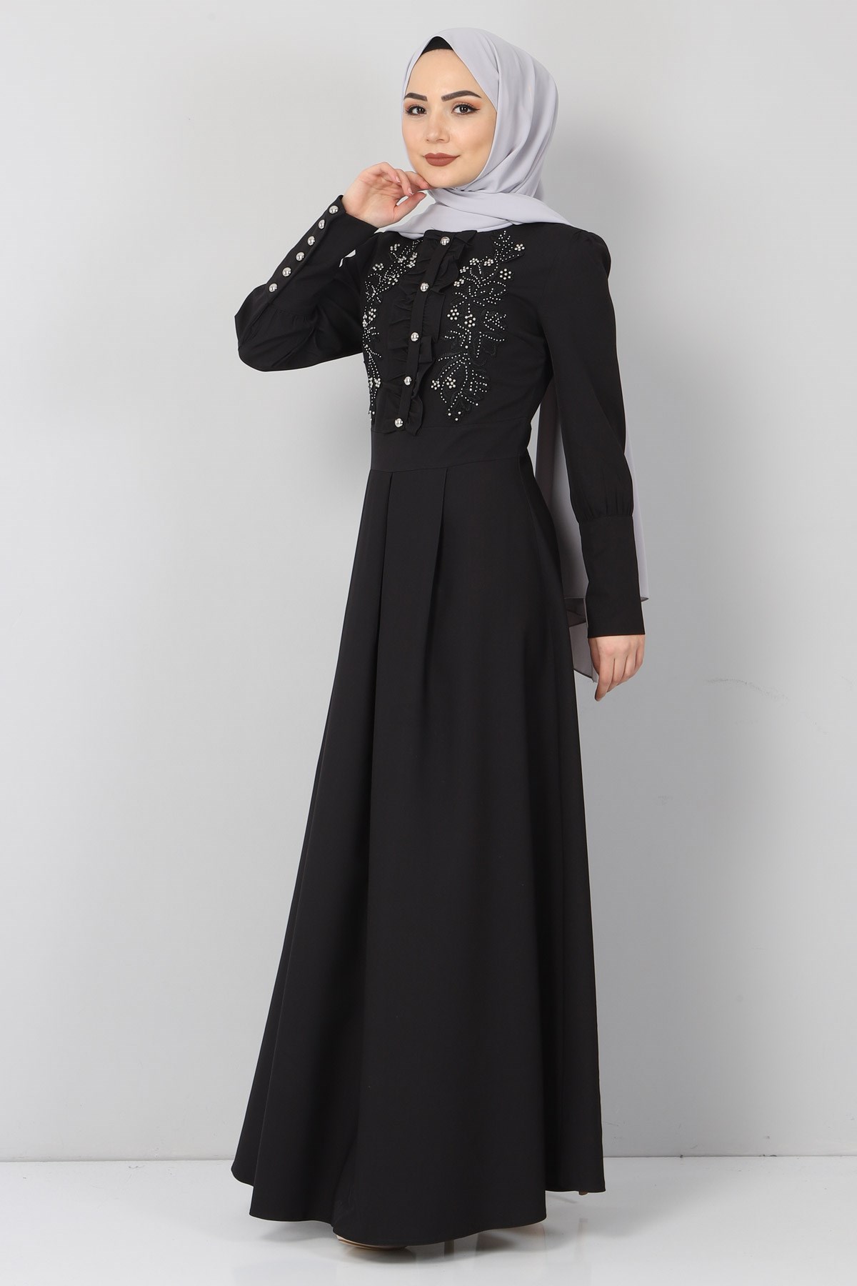 Dantelli Fırfırlı Elbise Siyah 9417