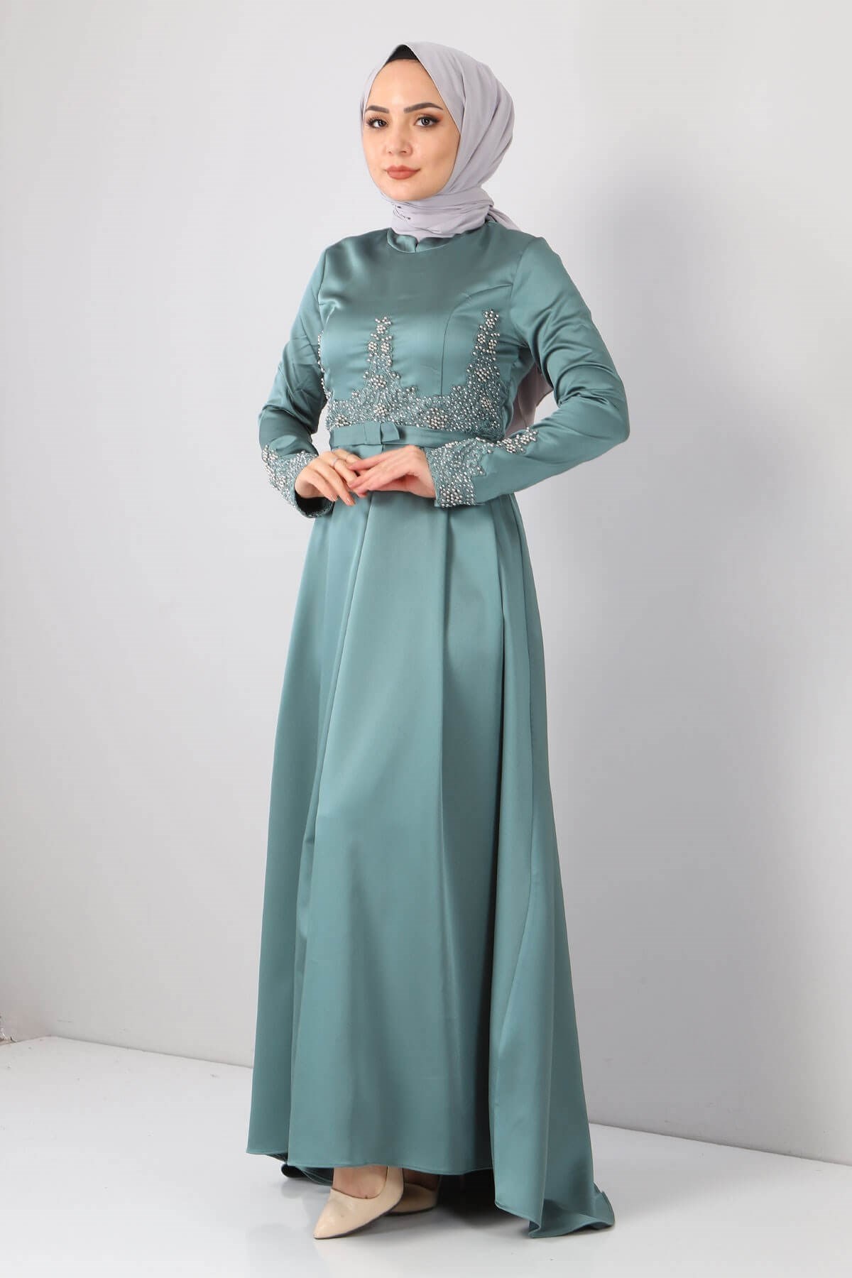 Dantelli İncili Saten Abiye Mint 8947