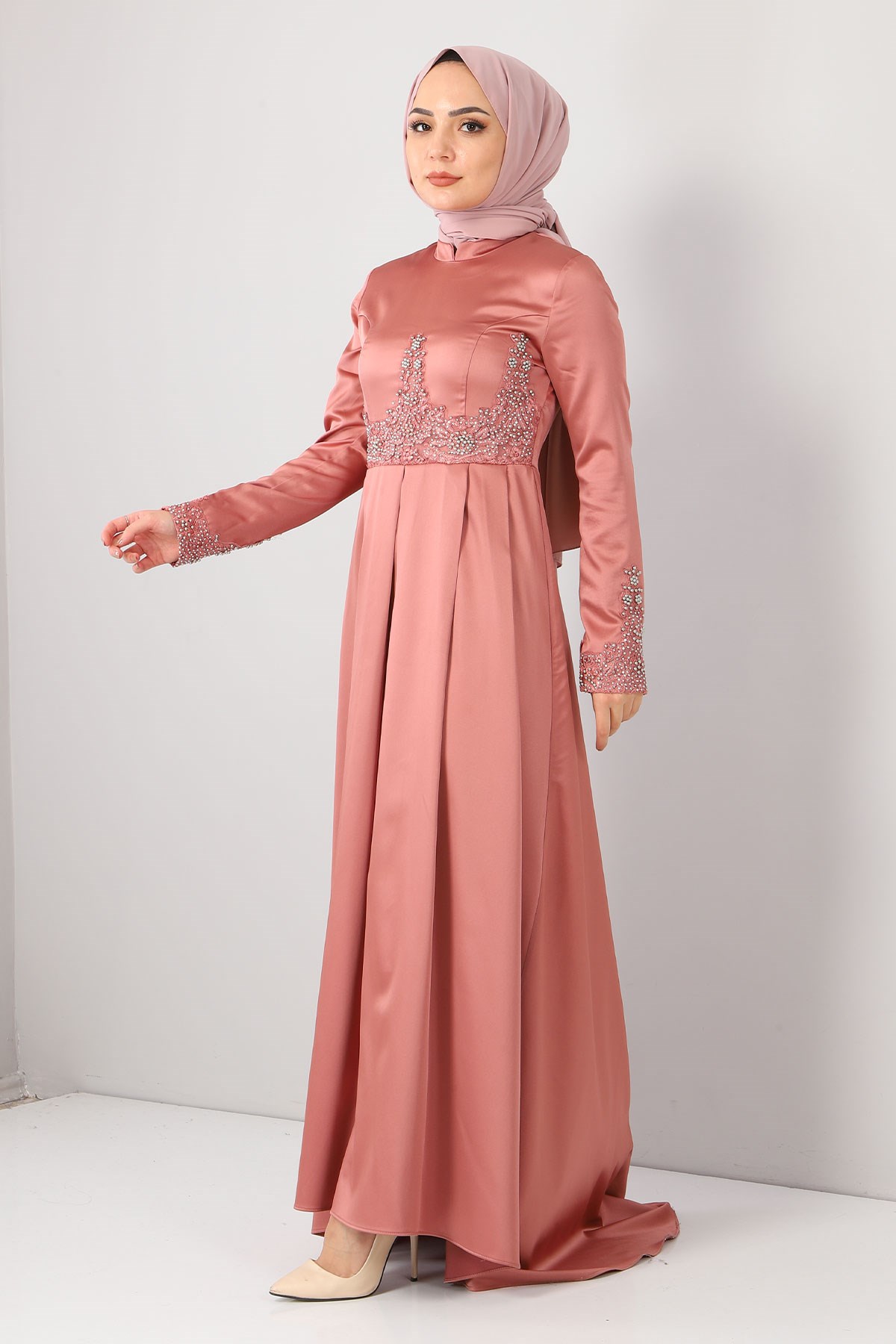 Dantelli İncili Saten Abiye Somon 8947