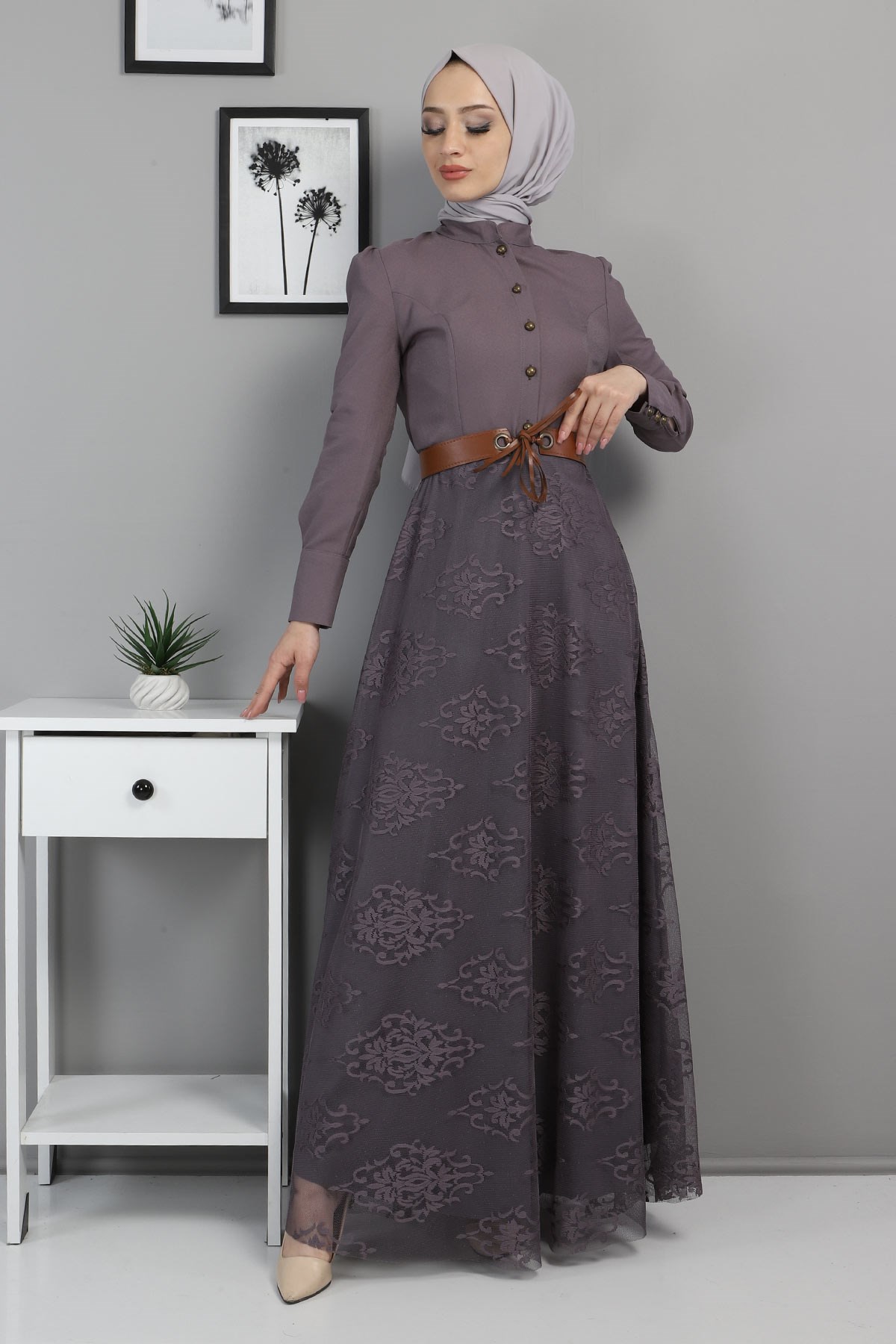 Dantelli Kemerli Elbise Antrasit 8649
