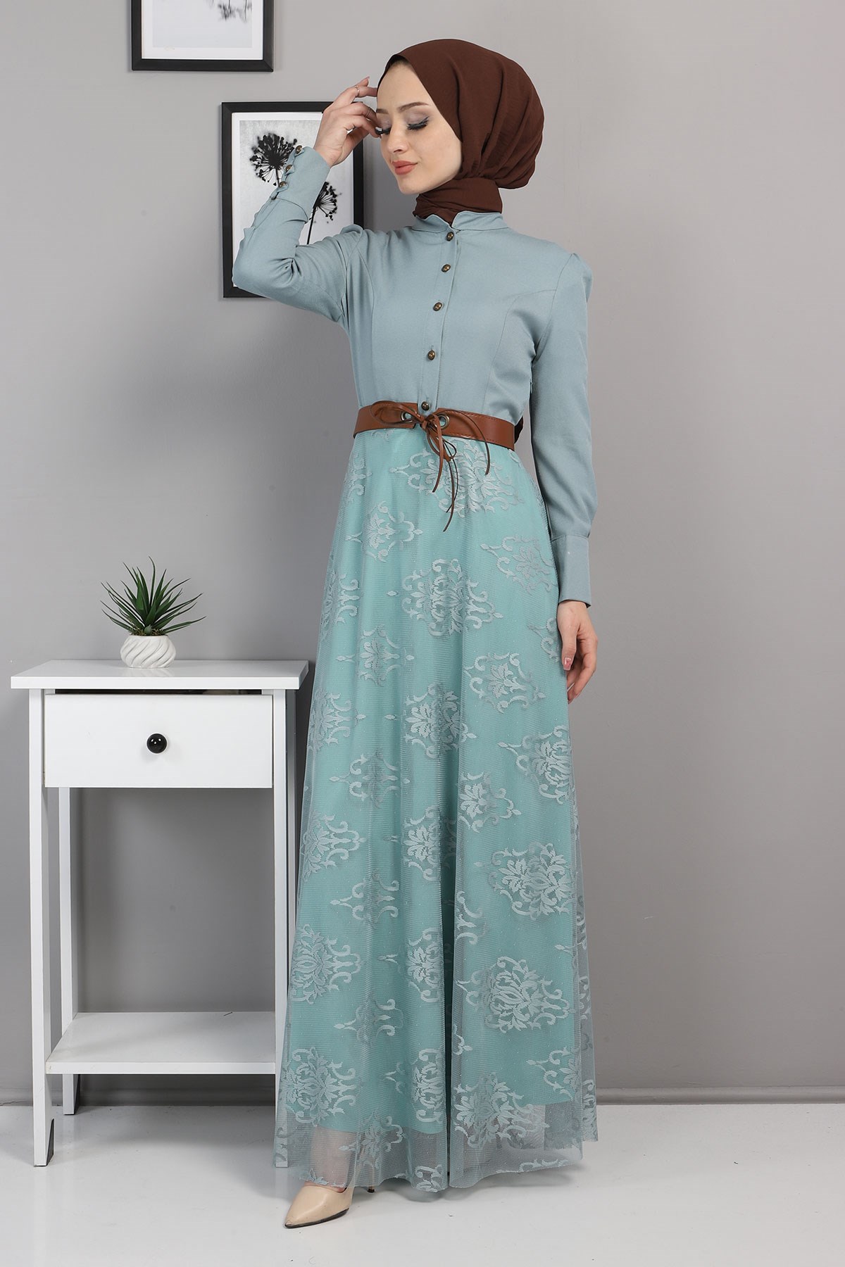 Dantelli Kemerli Elbise Mint 8649