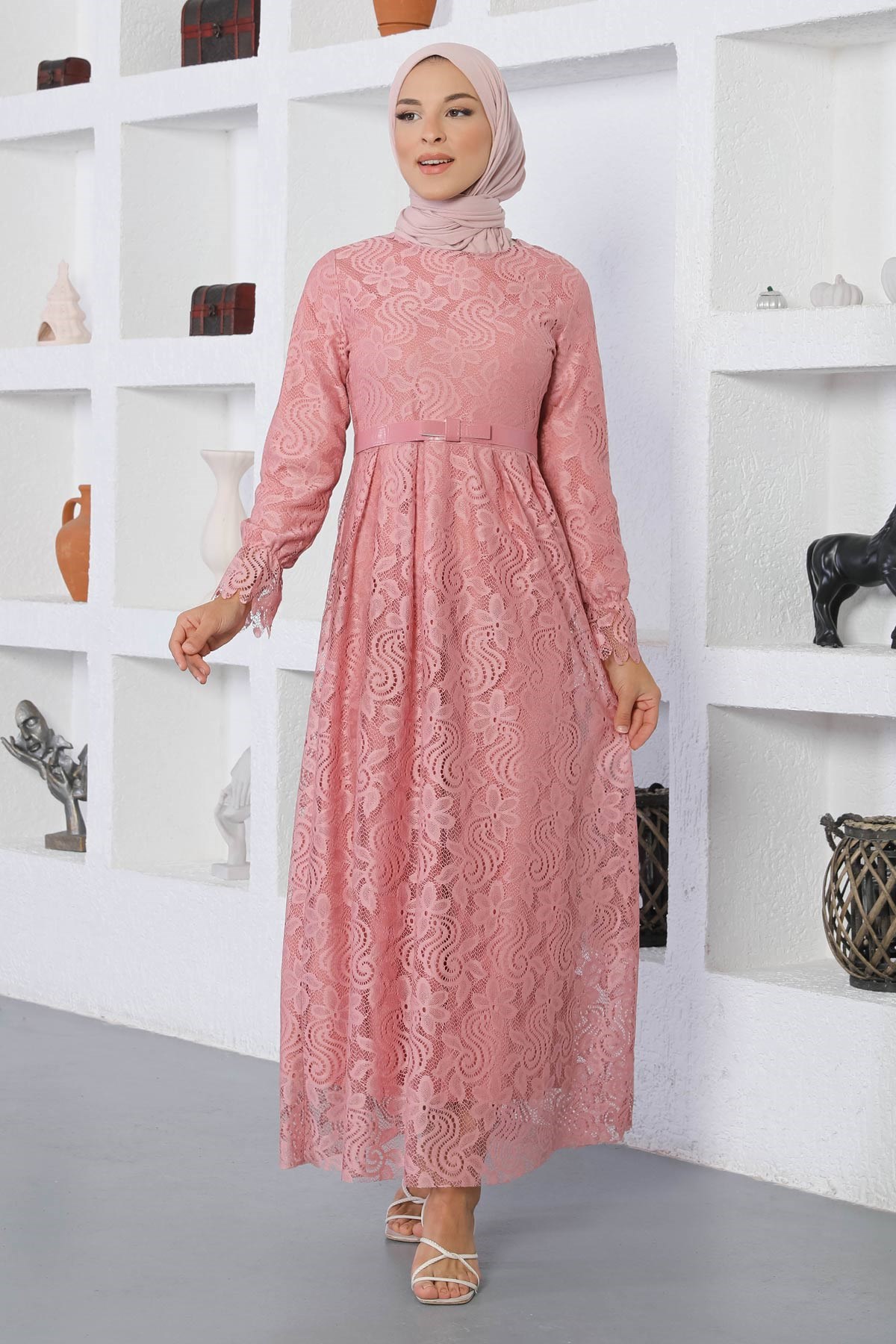 Dantelli Kemerli Elbise Pembe 17600