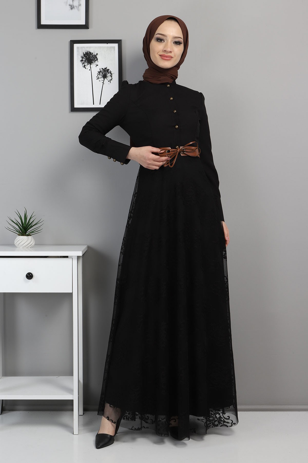 Dantelli Kemerli Elbise Siyah 8649