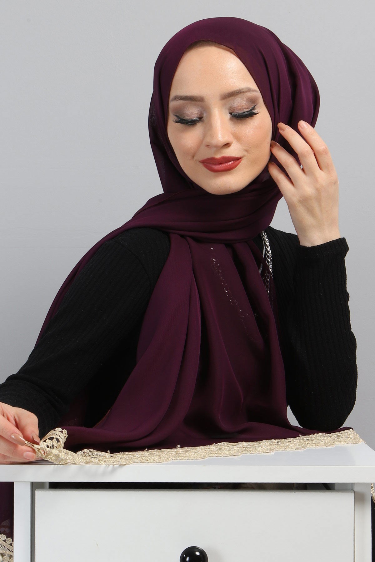 Dantelli Şifon Şal Mor 3014