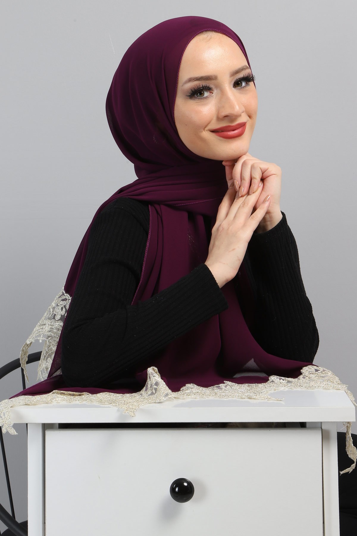Dantelli Şifon Şal Mürdüm 3014